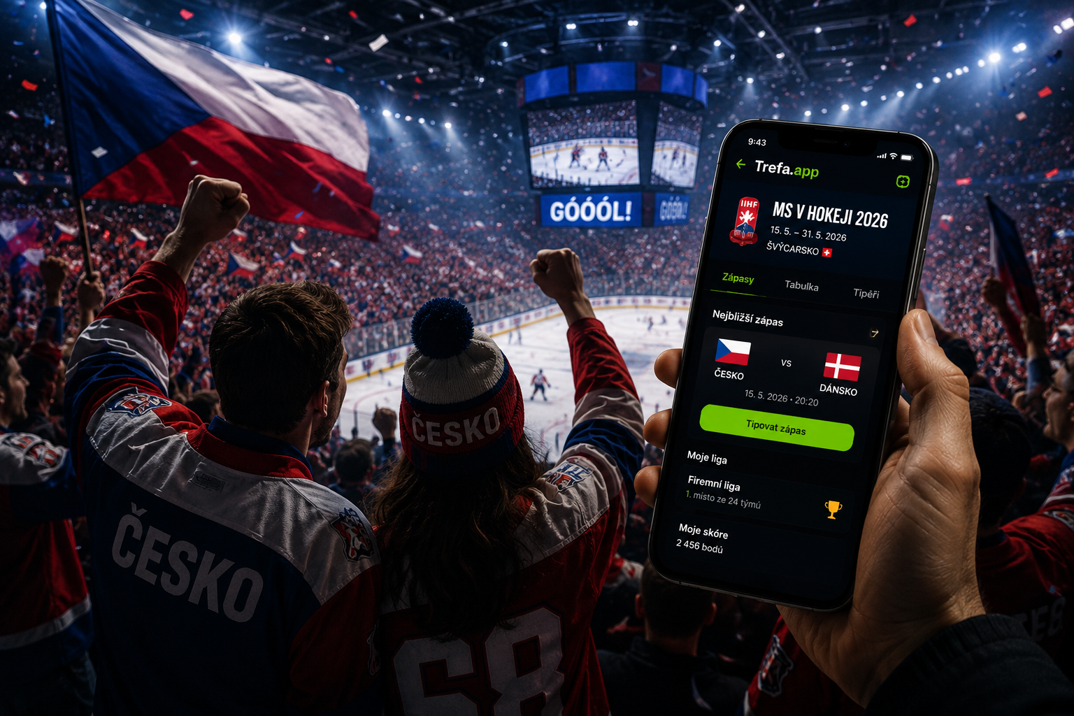 Čeští fanoušci v aréně sledují zápas, telefon s aplikací Trefa.app pro firemní tipovací ligu